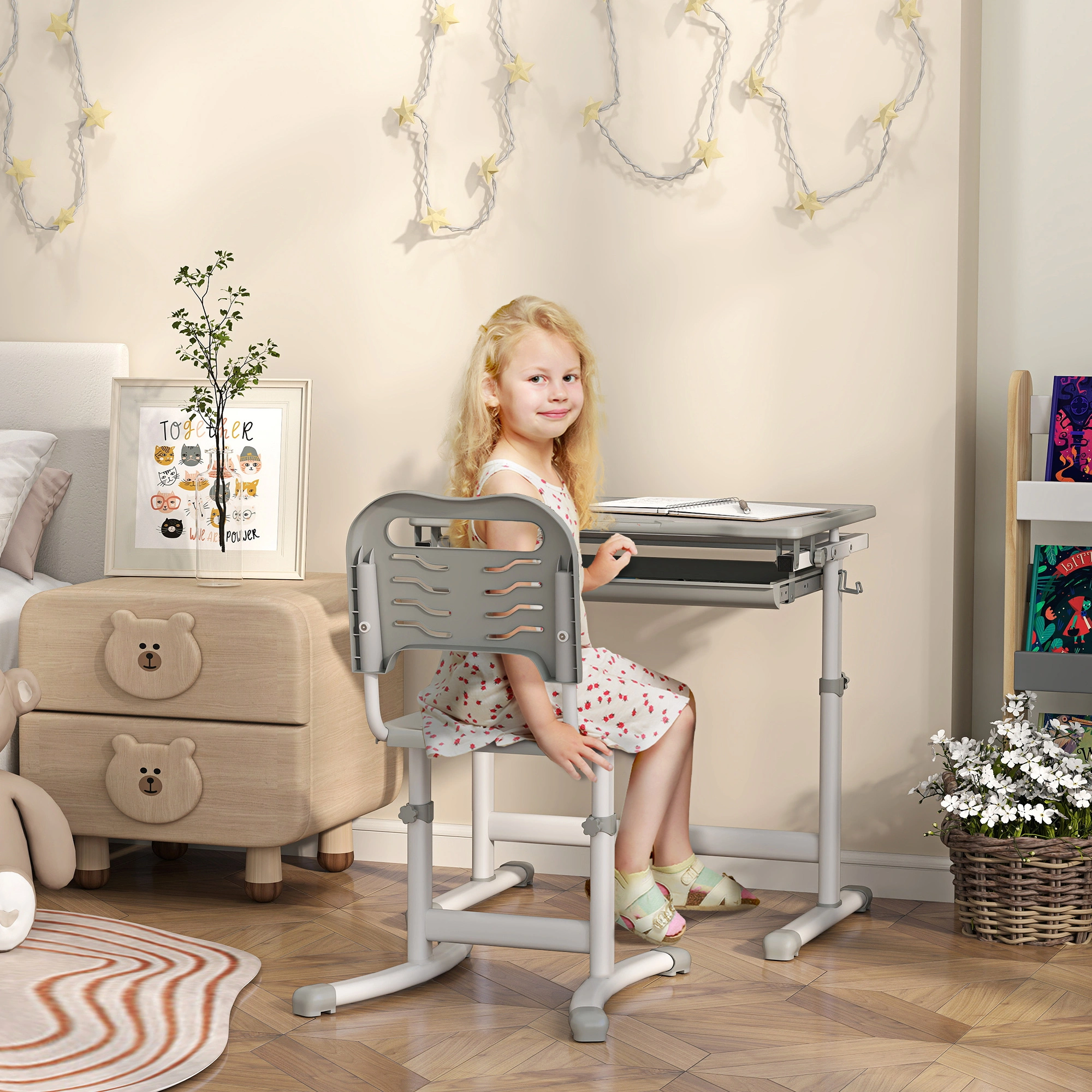 Kids Desk and Chair Set 3-Piece, Adjustable Height Children Study Table & Seat, Modern Wood Play Writing Desk for Bedroom/Classroom, Multicolor