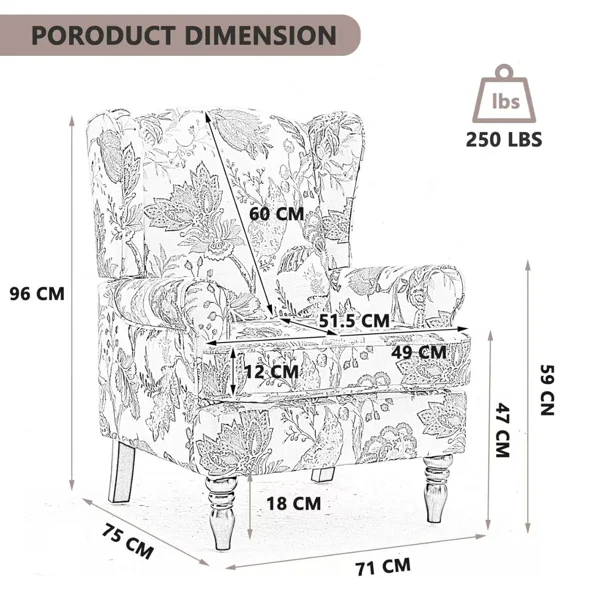 Modern Accent Chair with Retro Wood Legs, Comfy Upholstered Armchair, Floral Design Single Sofa Chair for Living Room Bedroom Office - Floral Blue Bird view 2