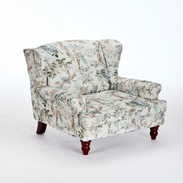 Modern Accent Chair with Retro Wood Legs, Comfy Upholstered Armchair, Floral Design Single Sofa Chair for Living Room Bedroom Office - Floral Blue Bird view 5