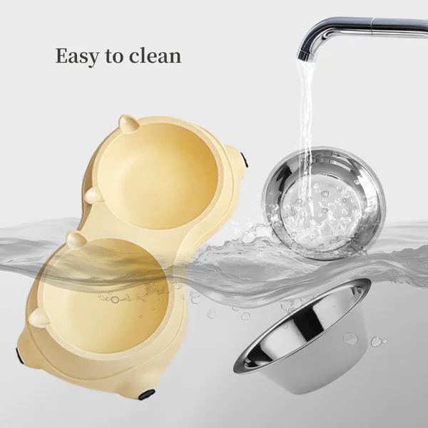 Anti slip base double cat food bowl, yellow stainless steel food and water bowl, easy to clean and detachable design, cat and dog pet feeder view 4