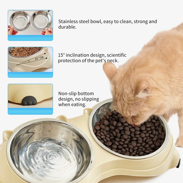 Anti slip base double cat food bowl, yellow stainless steel food and water bowl, easy to clean and detachable design, cat and dog pet feeder view 5