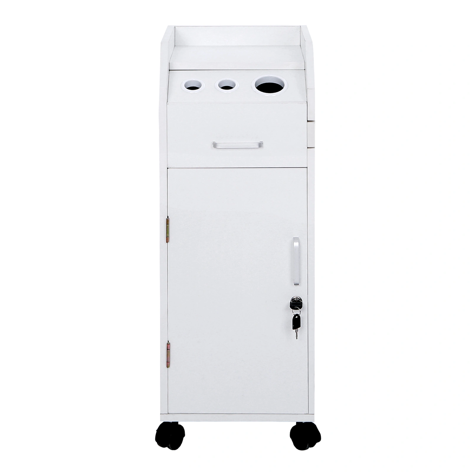 White Hair Salon Storage Cart with Wheels, 3 Hair Dryer Holders, 4 Drawers, Lock & 2 Keys, Mobile Hairdressing Tools Station