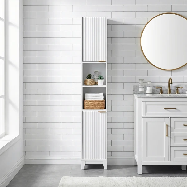 White particleboard with melamine veneer and MDF grid vacuum forming, 30*28*170cm, two doors and two shelves, bathroom vanity view 2