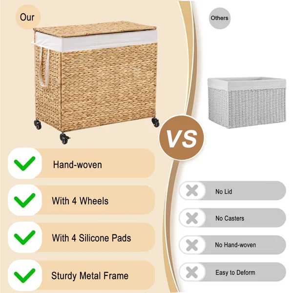 160L 3-Section Laundry Hamper with Lid and Wheels, Woven Natural Water Hyacinth Rolling Laundry Hamper view 2