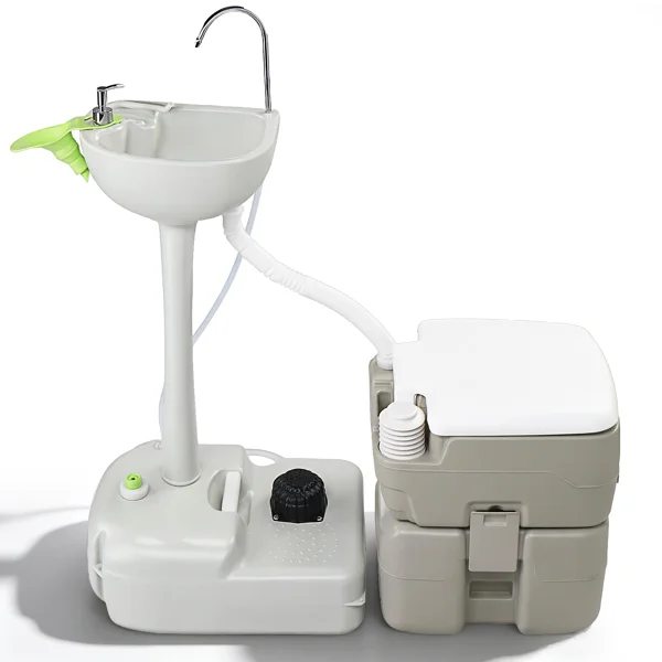 5 Gallon Upgrade Portable RV Toilet with Matching White Lid Ring Waste Holding Tank, Outdoor Hand Wash Station, HDPE Material, White