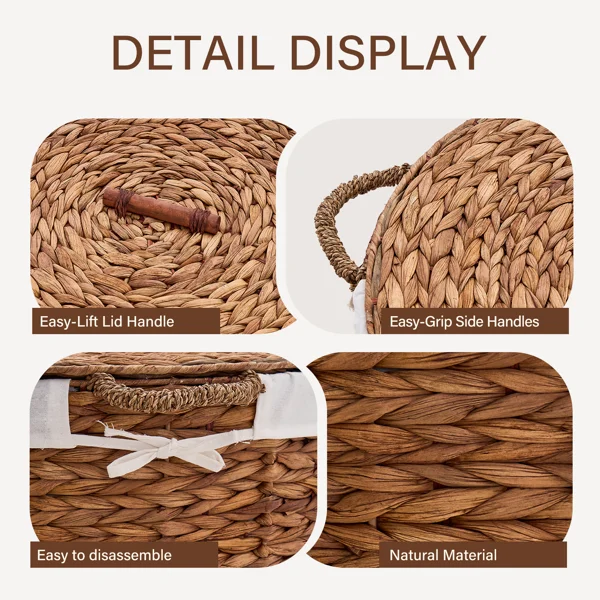 145L Round Laundry Hamper with Lid, Woven Natural Water Hyacinth Laundry Hamper view 3