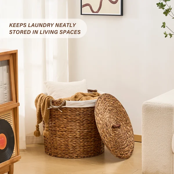 145L Round Laundry Hamper with Lid, Woven Natural Water Hyacinth Laundry Hamper view 5