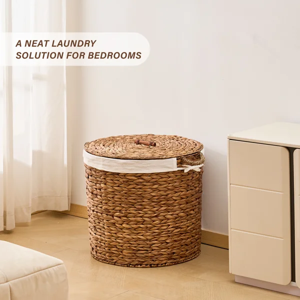 145L Round Laundry Hamper with Lid, Woven Natural Water Hyacinth Laundry Hamper view 6
