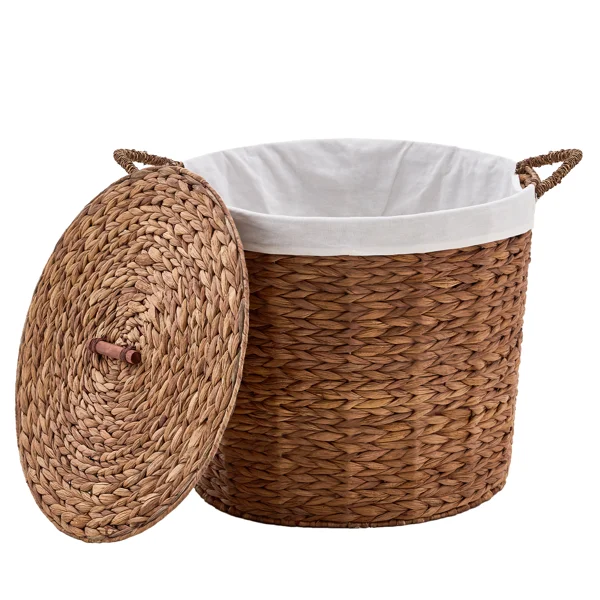 145L Round Laundry Hamper with Lid, Woven Natural Water Hyacinth Laundry Hamper