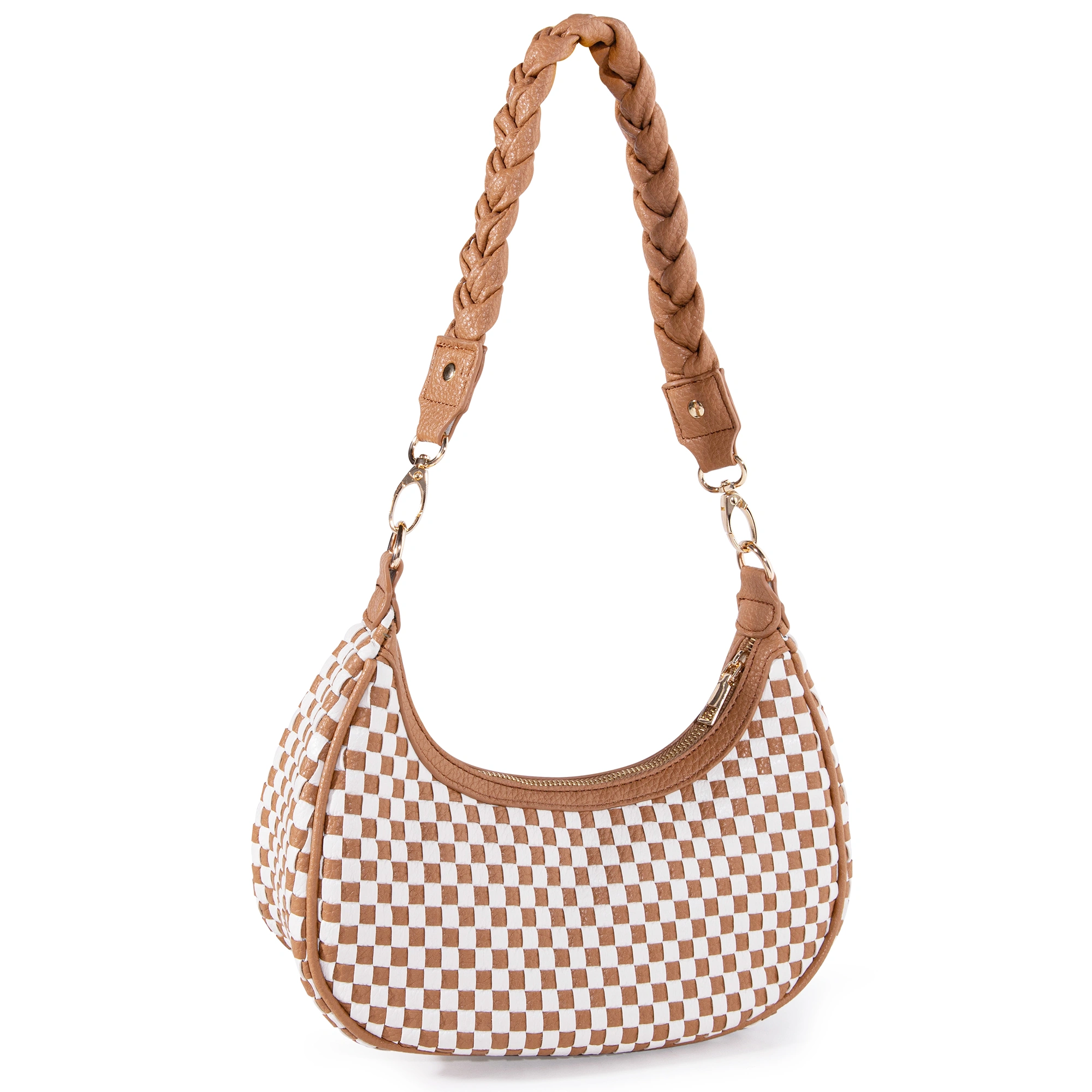 Women Woven Hobo Handbag Vegan Leather Tote Bag Brown Fashion