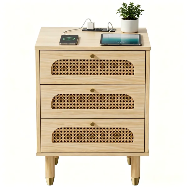 3-Drawer Nightstand with Rattan-Style Finish 15.75"*13.78"*23.82" with Power Outlet Oak view 2