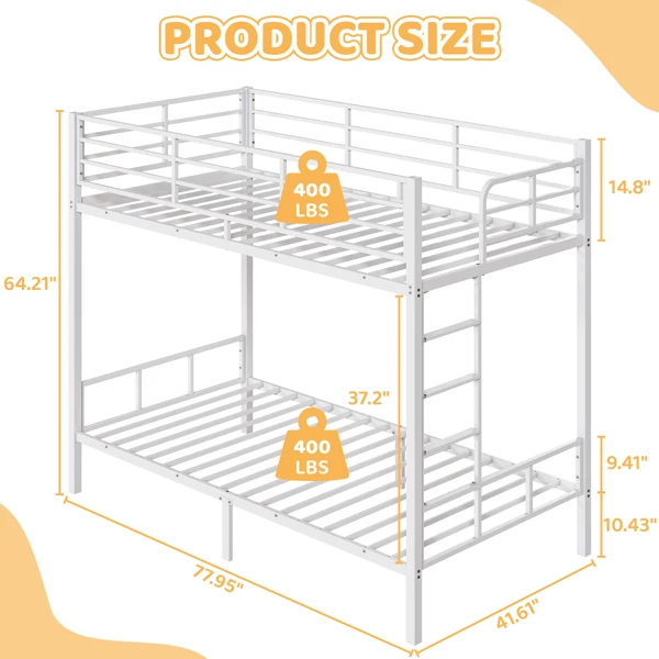 White Twin Bunk Bed Square Tube High Guardrail Side Ladder Opening Iron Bed view 3