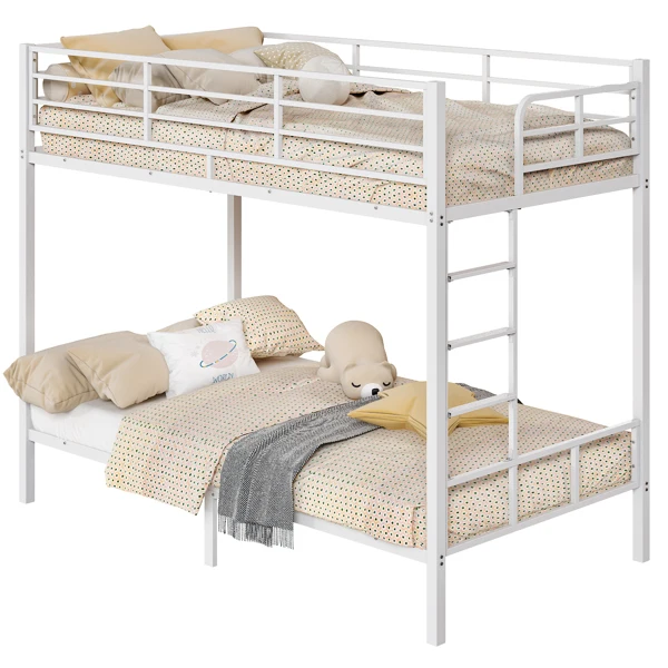 White Twin Bunk Bed Square Tube High Guardrail Side Ladder Opening Iron Bed view 6