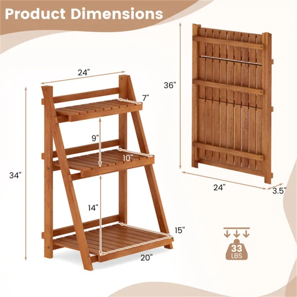 Acacia Wood 3-Tier Ladder Plant Stand, Foldable Indoor Outdoor Display Rack view 3