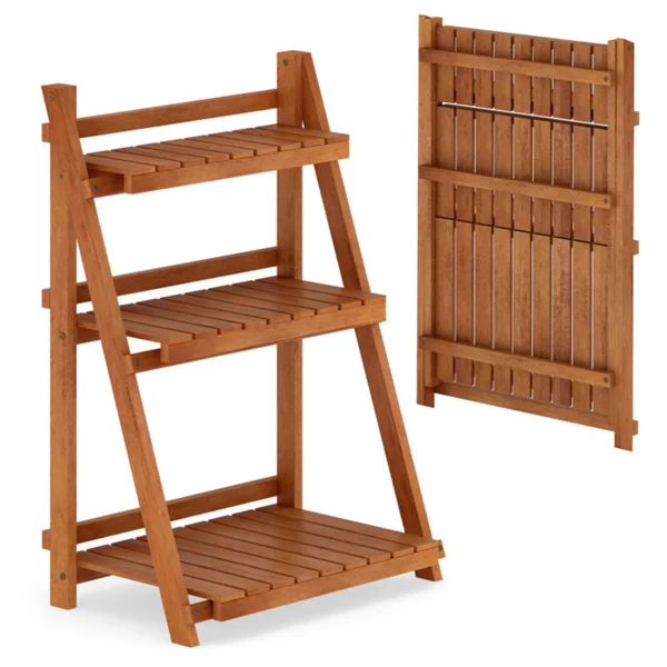 Acacia Wood 3-Tier Ladder Plant Stand, Foldable Indoor Outdoor Display Rack view 6