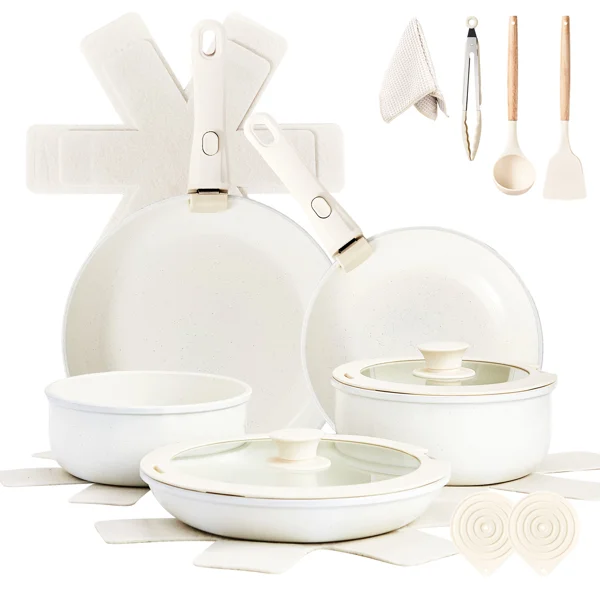 19-Piece Cookware Set, 5 Pots and 2 Lids, Removable Handles, Non-Stick Aluminum Pots and Pans, Microwave & Oven Safe, Dishwasher Safe, Cream White view 3