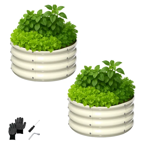 2 Pcs 2×2×1ft Raised Garden Bed, Round Galvanized Outdoor Planter Box, Metal Garden Bed for Planting Vegetables Fruits Flowers, White view 5