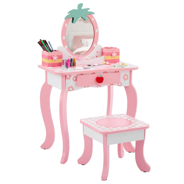 White MDF spray-painted 1-drawer 2-desktop storage box children's dressing table set with Apple print view 3