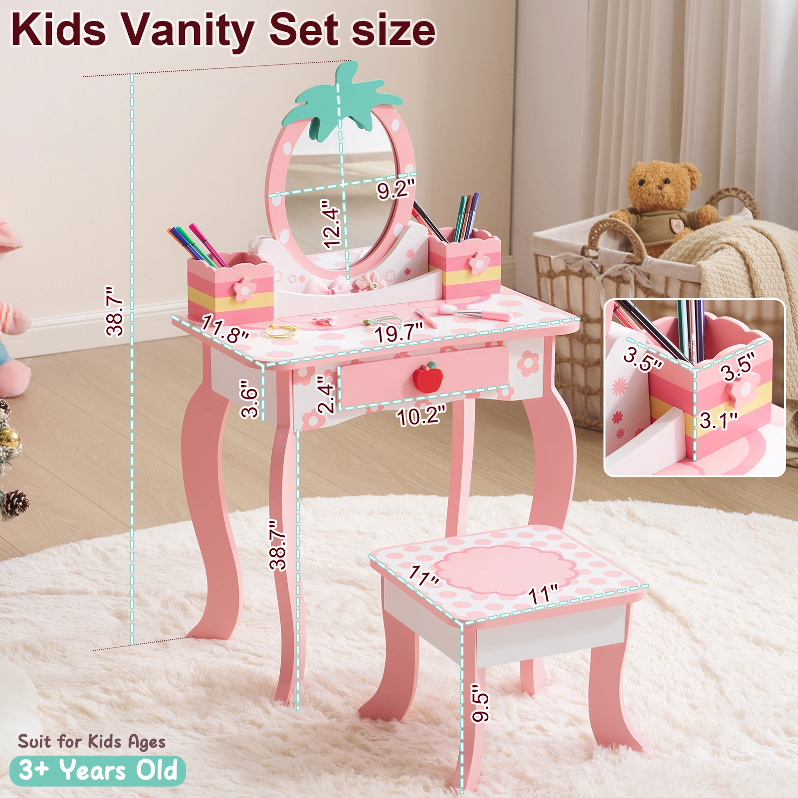 Kids Dressing Table Set, White MDF with Apple Print, 1-Drawer, 2-Desktop Storage Box, Spray Paint Finish view 10