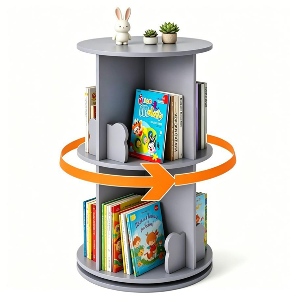 03390870_1 2-Tier Kids Rotating Bookshelf - 360° Display for Books/Toys, Bear Baffles + Child-Friendly Height, 22 lbs Net Weight - Image 1