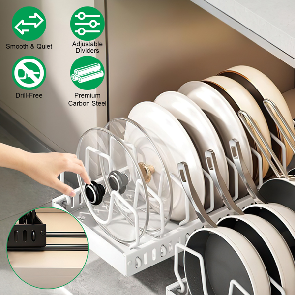 Adjustable Carbon Steel Sliding Cookware Storage Rack, Anti-Rust Pull Out Pan Lid Holder for Cutting Boards Baking Sheets Bakeware-white