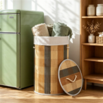 13.2 Gallon Bamboo Laundry Hamper with Lid & Removable Liner, Collapsible Dirty Clothes Basket with Side Handles for Bathroom Nursery Laundry Room - Image 3