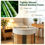 13.2 Gallon Bamboo Laundry Hamper with Lid & Removable Liner, Collapsible Dirty Clothes Basket with Side Handles for Bathroom Nursery Laundry Room - Image 6