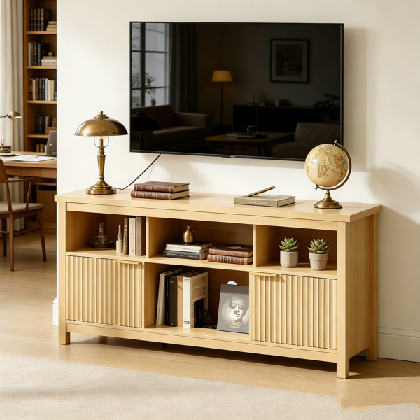Not selling on Amazon Entertainment Center TV Stand with 4 Open Cubbies & 2 Fluted Hinged Storage Doors, Adjustable Inner Shelves, Cable Management Holes, Media Console Cabinet for Living Room Bedroom, 58.07 x 14.96 x 27.36 Inches, Embossed Melamine Faced Particleboard, Natural Oak