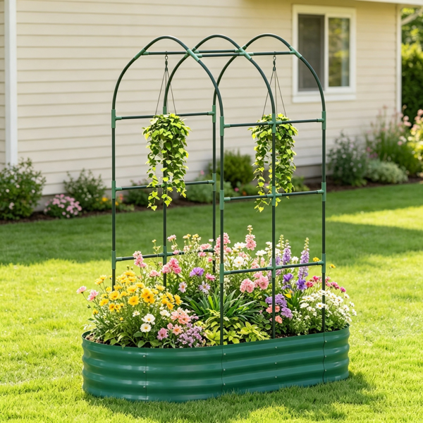 Green Galvanised Metal Raised Garden Bed – 5 x 3 x 6ft Outdoor Planter Box, Arched Trellis, Open Bottom(Only for elevated garden beds)