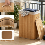 19 Gallon Bamboo Laundry Hamper with Lid & Removable Washable Liner, Foldable Dirty Clothes Basket with Side Handles for Bedroom Bathroom-Natural - Image 7