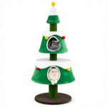 61.5" Christmas Cat Tree Tower with 2 Large Semi-Enclosed Plush Condos, Full Natural Jute Scratching Posts Star Spring Toy Wide Stable Base Holiday Festive Cat Furniture Green White Brown - Image 4
