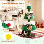 61.5" Christmas Cat Tree Tower with 2 Large Semi-Enclosed Plush Condos, Full Natural Jute Scratching Posts Star Spring Toy Wide Stable Base Holiday Festive Cat Furniture Green White Brown - Image 6