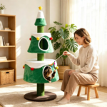 61.5" Christmas Cat Tree Tower with 2 Large Semi-Enclosed Plush Condos, Full Natural Jute Scratching Posts Star Spring Toy Wide Stable Base Holiday Festive Cat Furniture Green White Brown - Image 7