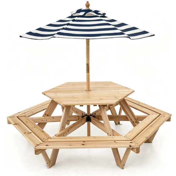 10570232_1 6-Seat Hexagonal Kids Picnic Table with Umbrella, Solid Fir Wood Outdoor Table & Bench Set for Backyard Garden, Age 3–8 - Image 1