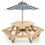6-Seat Hexagonal Kids Picnic Table with Umbrella, Solid Fir Wood Outdoor Table & Bench Set for Backyard Garden, Age 3–8 - Image 3