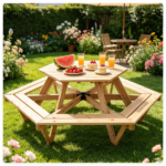 6-Seat Hexagonal Kids Picnic Table with Umbrella, Solid Fir Wood Outdoor Table & Bench Set for Backyard Garden, Age 3–8 - Image 4
