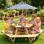 6-Seat Hexagonal Kids Picnic Table with Umbrella, Solid Fir Wood Outdoor Table & Bench Set for Backyard Garden, Age 3–8 - Image 5