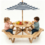6-Seat Hexagonal Kids Picnic Table with Umbrella, Solid Fir Wood Outdoor Table & Bench Set for Backyard Garden, Age 3–8 - Image 6