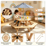 6-Seat Hexagonal Kids Picnic Table with Umbrella, Solid Fir Wood Outdoor Table & Bench Set for Backyard Garden, Age 3–8 - Image 7