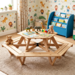 6-Seat Hexagonal Kids Picnic Table with Umbrella, Solid Fir Wood Outdoor Table & Bench Set for Backyard Garden, Age 3–8 - Image 8