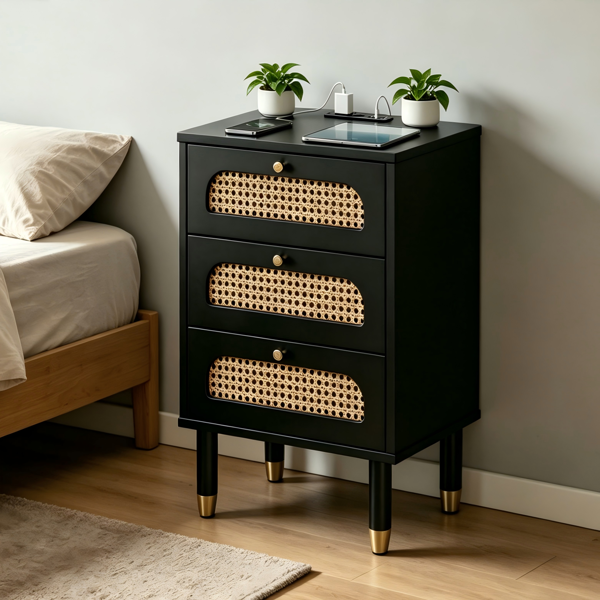 11015062_1 3-Drawer Nightstand with Woven Rattan Fronts and Built-in Power Outlet 15.75"*13.78"*23.82" Black - Image 1