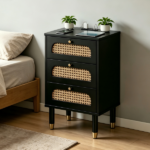 3-Drawer Nightstand with Woven Rattan Fronts and Built-in Power Outlet 15.75"*13.78"*23.82" Black - Image 2