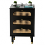 3-Drawer Nightstand with Woven Rattan Fronts and Built-in Power Outlet 15.75"*13.78"*23.82" Black - Image 3