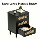 3-Drawer Nightstand with Woven Rattan Fronts and Built-in Power Outlet 15.75"*13.78"*23.82" Black - Image 7