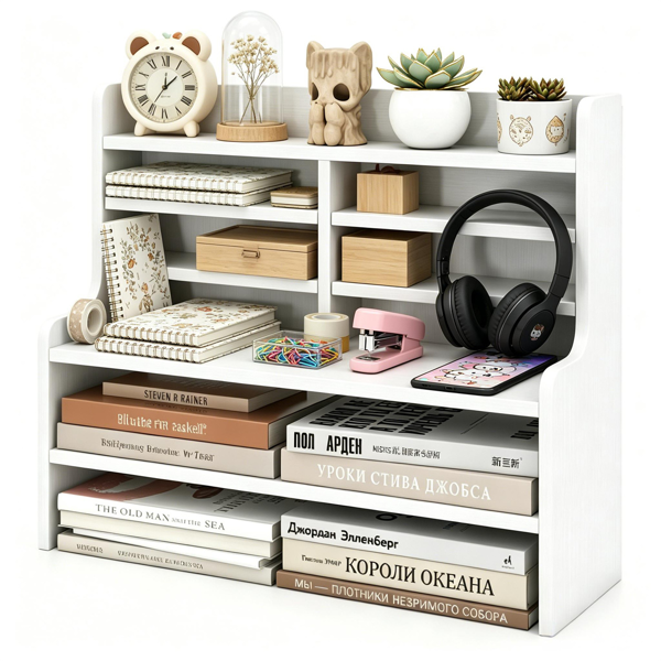 12285073_1 6-Tier Wooden Desktop Organizer, Adjustable Removable Shelves Craft Storage Rack with Anti-Fall Baffles for Pens Washi Tapes Stickers - Image 1