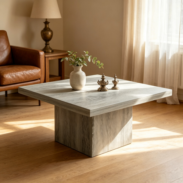 Gray Wood Grain Center Table – Square Coffee Table with 1.6" Thick Sturdy Tabletop