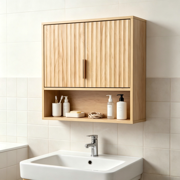 2-Door 3-Tier Slatted Bathroom Wall Cabinet 24.49"*22.83"*8.07 Oak