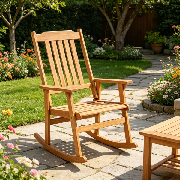 15595343_1 Solid Acacia Wood Outdoor Rocking Chair, Heavy Duty 400LBS Capacity Porch Rocker with Slatted Back for Backyard Deck Garden - Image 1