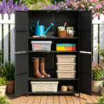 Outdoor PE Rattan Storage Cabinet with Adjustable Shelves, Anti-Tip Garden Tool Storage Shed for Patio Backyard Poolside-Black - Image 5