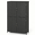 Outdoor PE Rattan Storage Cabinet with Adjustable Shelves, Anti-Tip Garden Tool Storage Shed for Patio Backyard Poolside-Black - Image 6